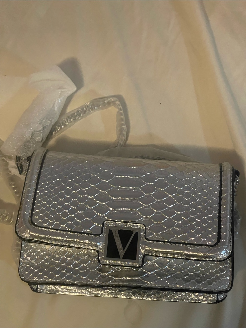 Silver Textured Crossbody Bag with V Logo Accent
